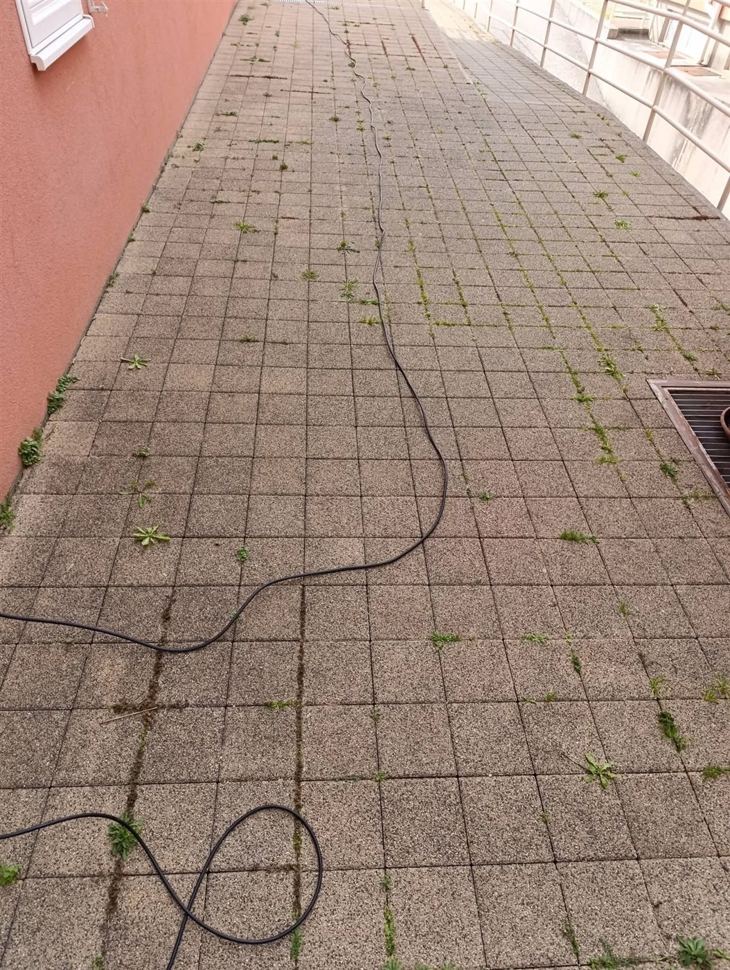 Prije: popločani prilaz uz zgradu s korovom u fugama i tamnim naslagama prije visokotlačnog pranja